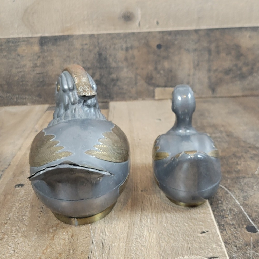 Vintage Pewter Brass Duck Figurine Trinket Box Orante Decor Set of 2 Hong Kong - Picture 5 of 11